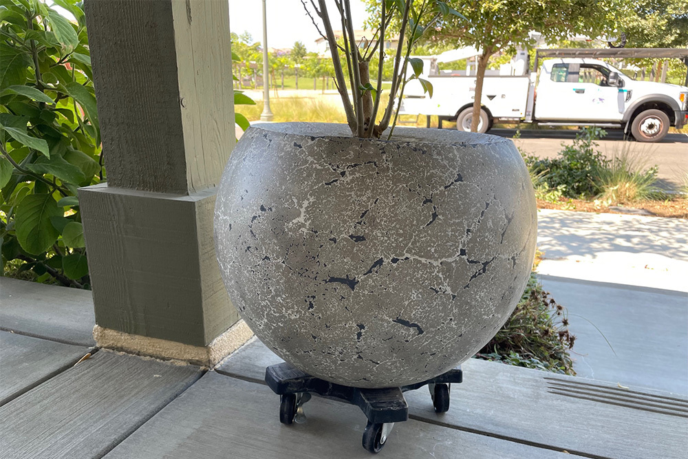 Round custom concrete planter with small tree, part of our custom concrete furniture near Westlake Village, California.