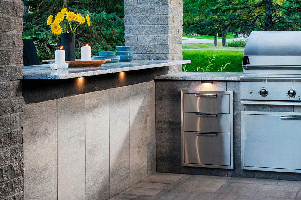 An outdoor kitchen with storage and countertops, an example of outdoor kitchen remodeling near Moorpark, California.